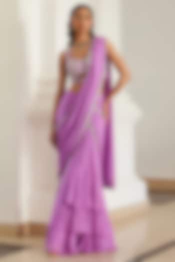 Bubblegum Pink Georgette Hand Embroidered Pre-Draped Wedding Saree Set by Sanya Gulati at Pernia's Pop Up Shop