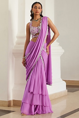 Bubblegum Pink Georgette Hand Embroidered Pre-Draped Saree Set by Sanya Gulati