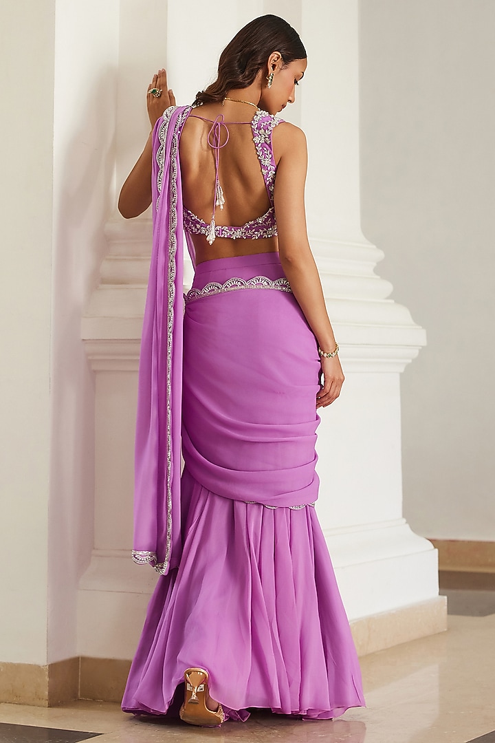 Bubblegum Pink Georgette Hand Embroidered Pre-Draped Wedding Saree Set by Sanya Gulati at Pernia's Pop Up Shop