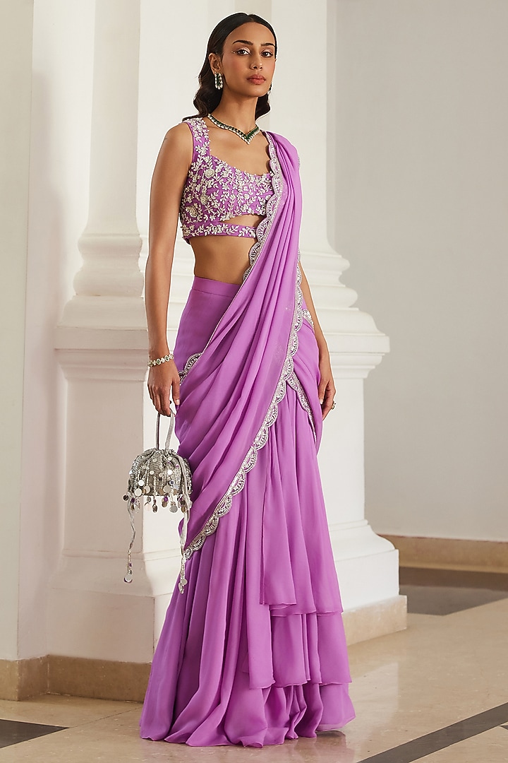 Bubblegum Pink Georgette Hand Embroidered Pre-Draped Wedding Saree Set by Sanya Gulati at Pernia's Pop Up Shop
