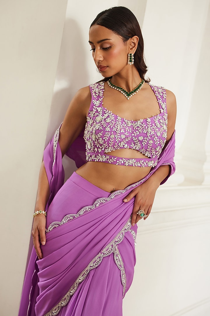Bubblegum Pink Georgette Hand Embroidered Pre-Draped Wedding Saree Set by Sanya Gulati at Pernia's Pop Up Shop