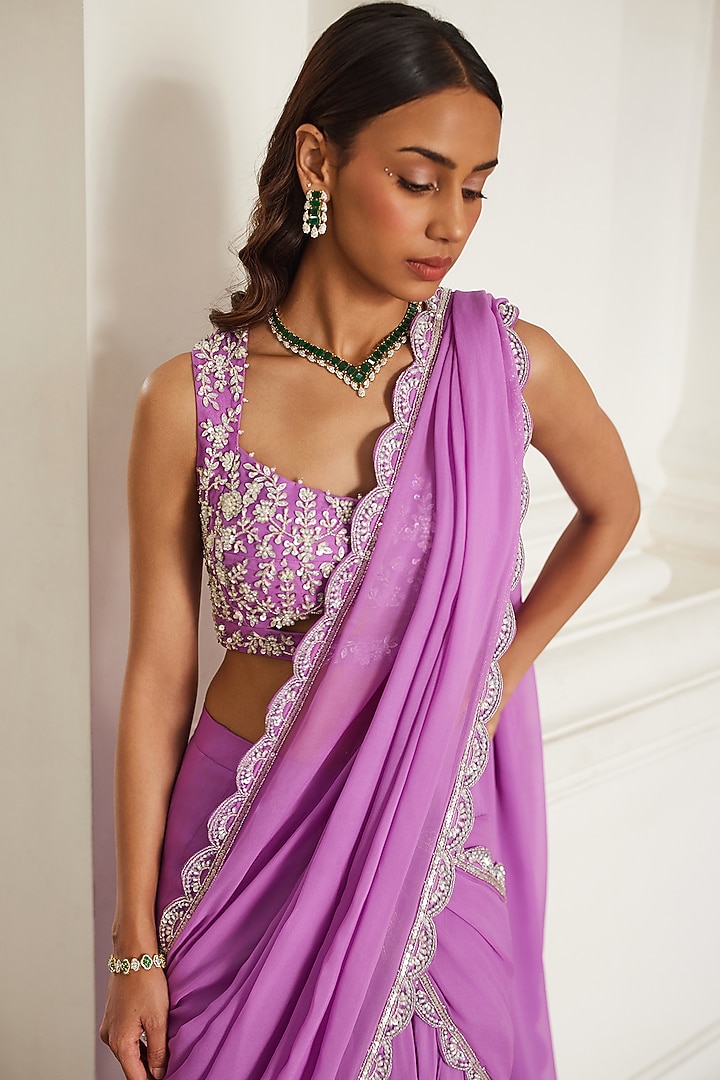 Bubblegum Pink Georgette Hand Embroidered Pre-Draped Wedding Saree Set by Sanya Gulati at Pernia's Pop Up Shop