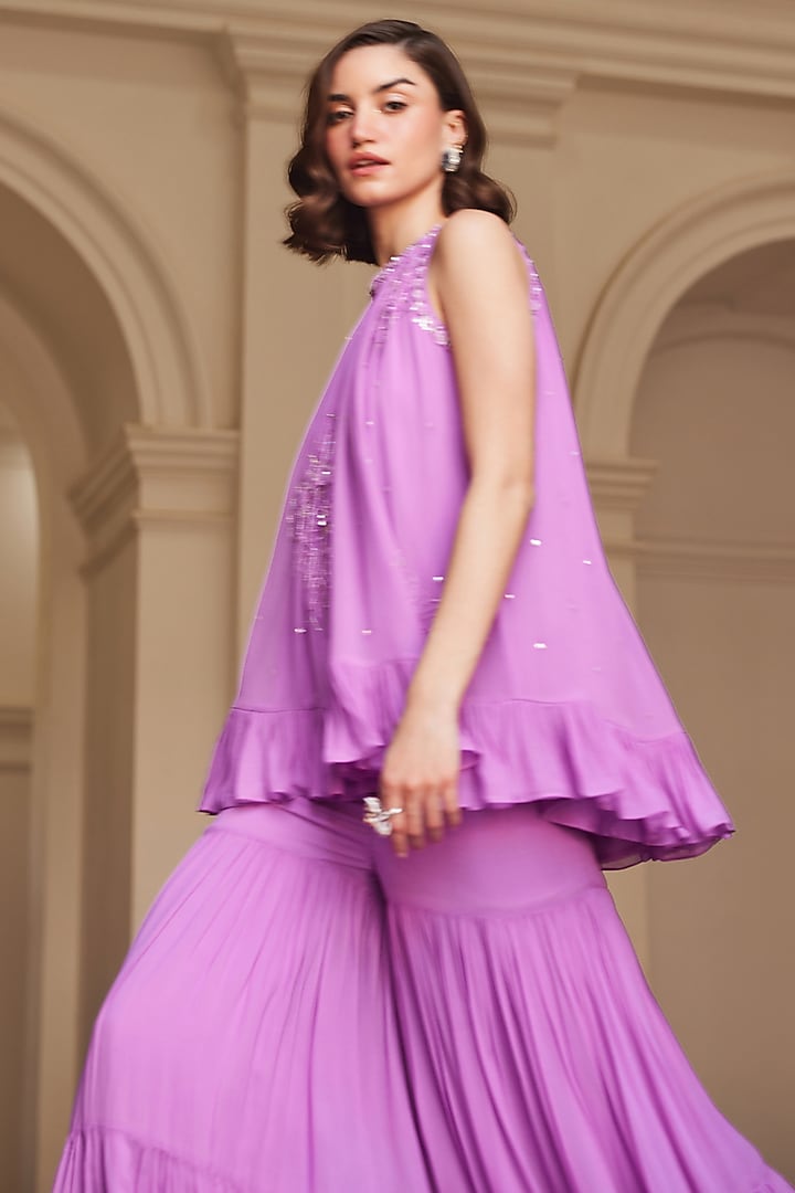 Bubblegum Pink Georgette Hand Embroidered Wedding Sharara Set by Sanya Gulati at Pernia's Pop Up Shop
