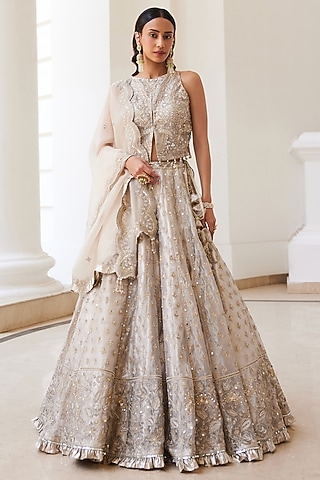 Ivory Gold Tissue Hand Embroidered Lehenga Set by Sanya Gulati