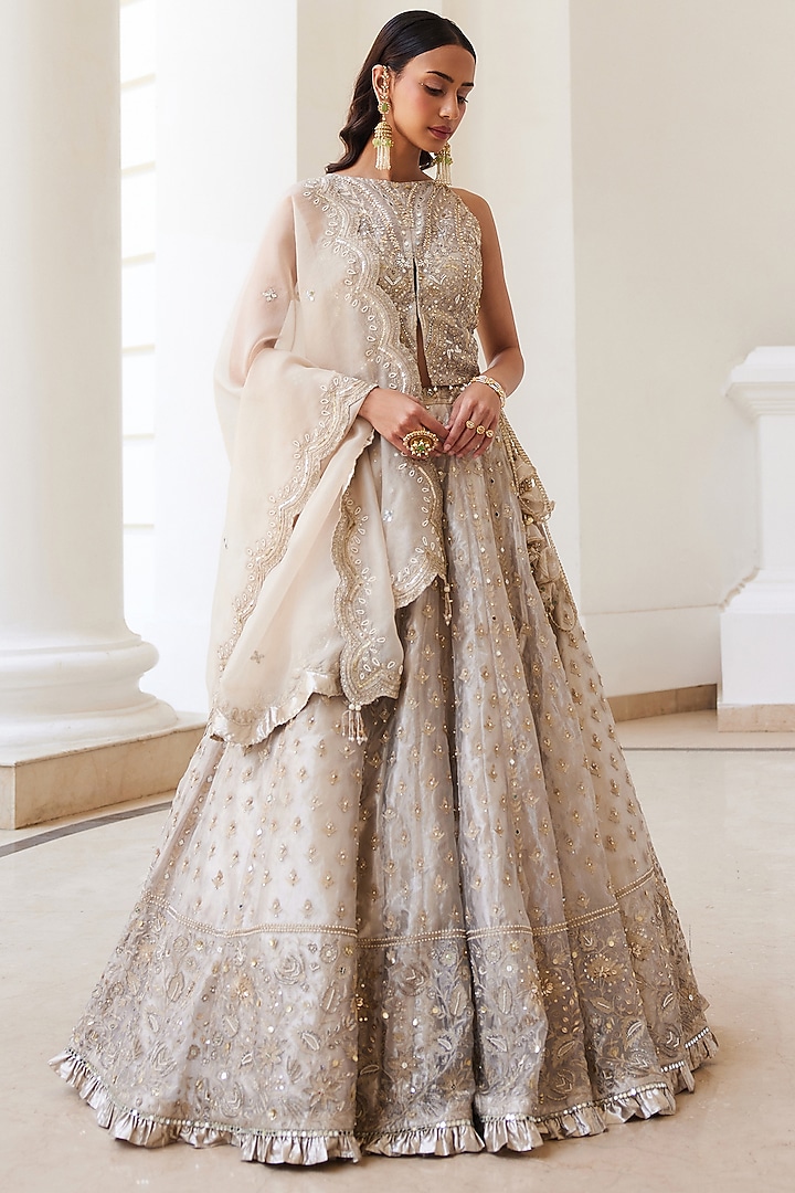 Ivory Gold Tissue Hand Embroidered Bridal Lehenga Set by Sanya Gulati at Pernia's Pop Up Shop