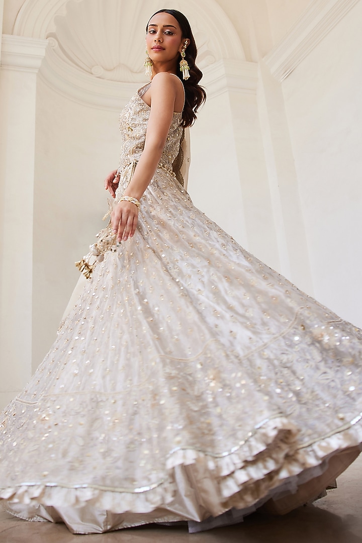 Ivory Gold Tissue Hand Embroidered Bridal Lehenga Set by Sanya Gulati at Pernia's Pop Up Shop