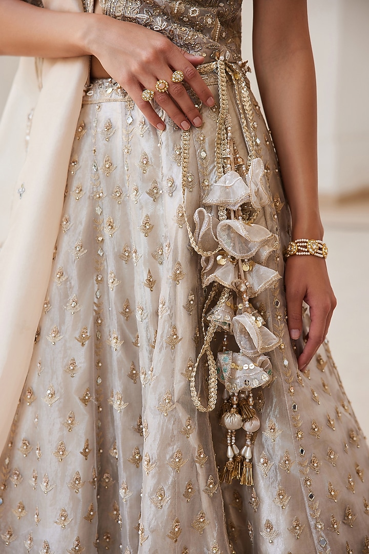 Ivory Gold Tissue Hand Embroidered Bridal Lehenga Set by Sanya Gulati at Pernia's Pop Up Shop