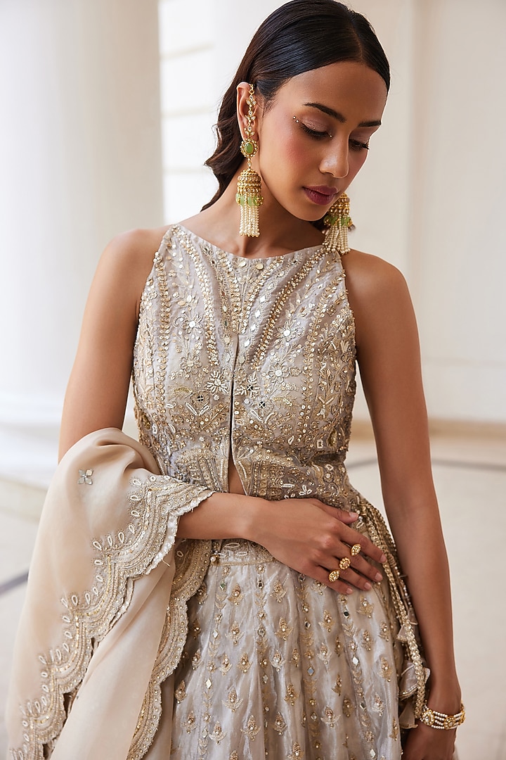 Ivory Gold Tissue Hand Embroidered Bridal Lehenga Set by Sanya Gulati at Pernia's Pop Up Shop