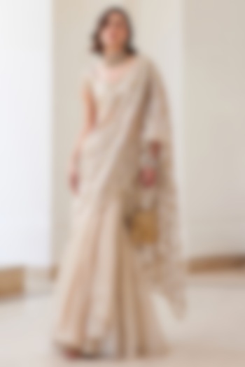 Ivory Gold Pure Silk Tissue Hand Embroidered Pre-Draped Reception Saree Set by Sanya Gulati at Pernia's Pop Up Shop