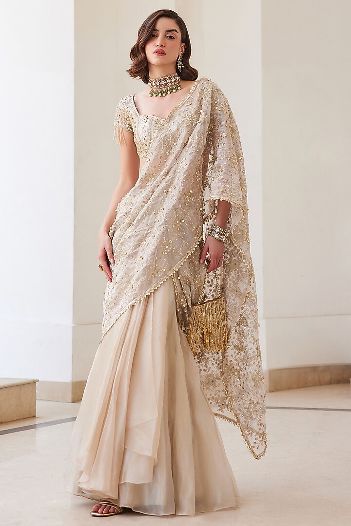 Ivory Gold Pure Silk Tissue Hand Embroidered Pre-Draped Reception Saree Set by Sanya Gulati at Pernia's Pop Up Shop
