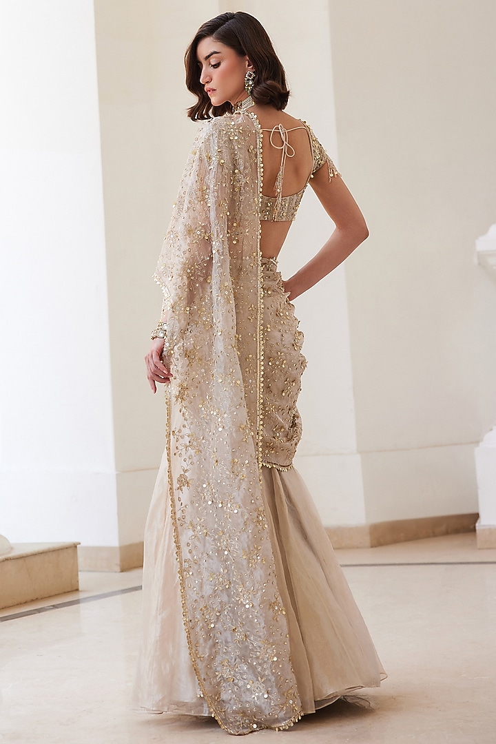 Ivory Gold Pure Silk Tissue Hand Embroidered Pre-Draped Reception Saree Set by Sanya Gulati at Pernia's Pop Up Shop