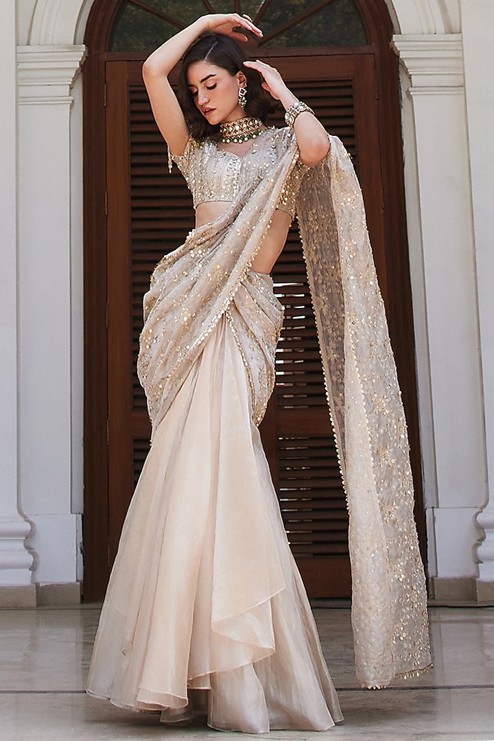 Ivory Gold Pure Silk Tissue Hand Embroidered Pre-Draped Reception Saree Set by Sanya Gulati at Pernia's Pop Up Shop