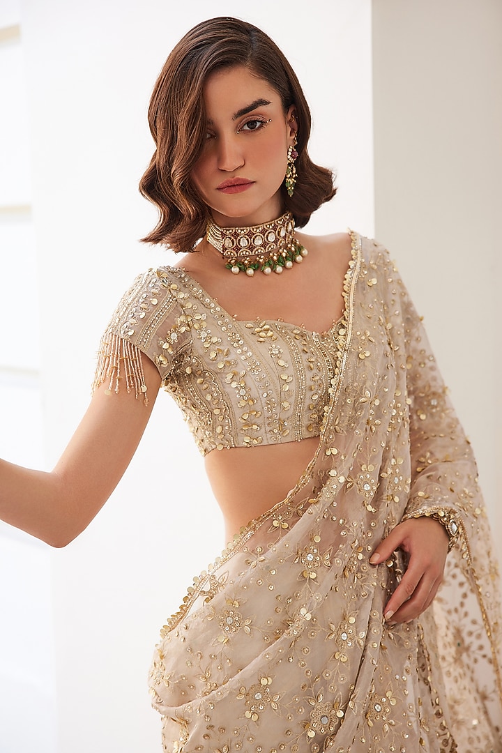 Ivory Gold Pure Silk Tissue Hand Embroidered Pre-Draped Reception Saree Set by Sanya Gulati at Pernia's Pop Up Shop