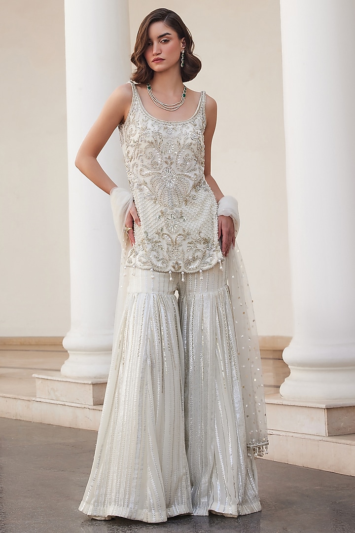 Pearl White Georgette Hand Embroidered Kurta Set by Sanya Gulati at Pernia's Pop Up Shop