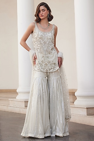 Pearl White Georgette Hand Embroidered Kurta Set by Sanya Gulati