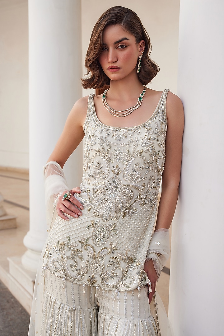 Pearl White Georgette Hand Embroidered Kurta Set by Sanya Gulati at Pernia's Pop Up Shop