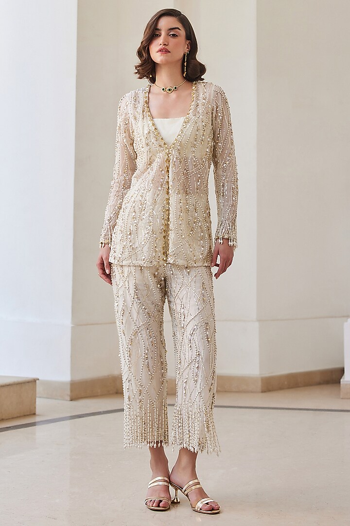 Pearl White Pure Silk Organza Hand Embroidered Jacket Set by Sanya Gulati at Pernia's Pop Up Shop