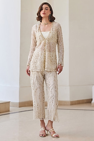 Pearl White Pure Silk Organza Hand Embroidered Jacket Set by Sanya Gulati