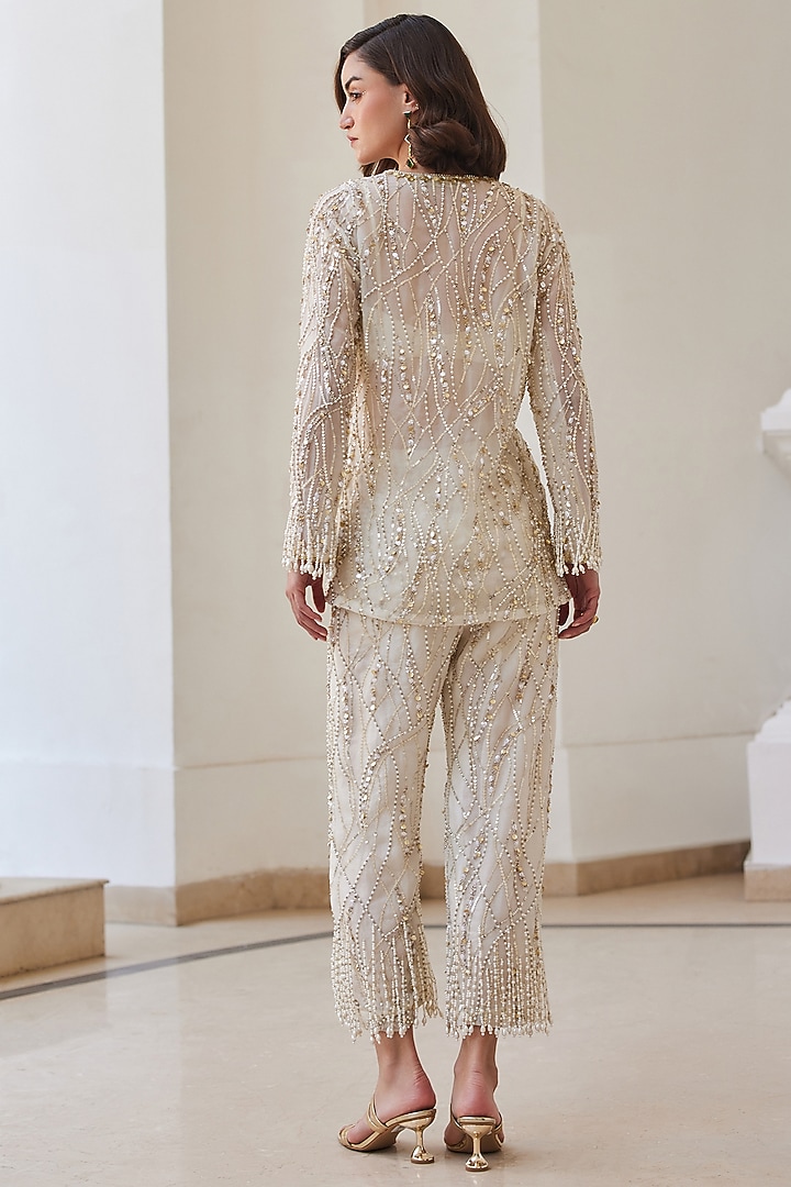 Pearl White Pure Silk Organza Hand Embroidered Jacket Set by Sanya Gulati at Pernia's Pop Up Shop
