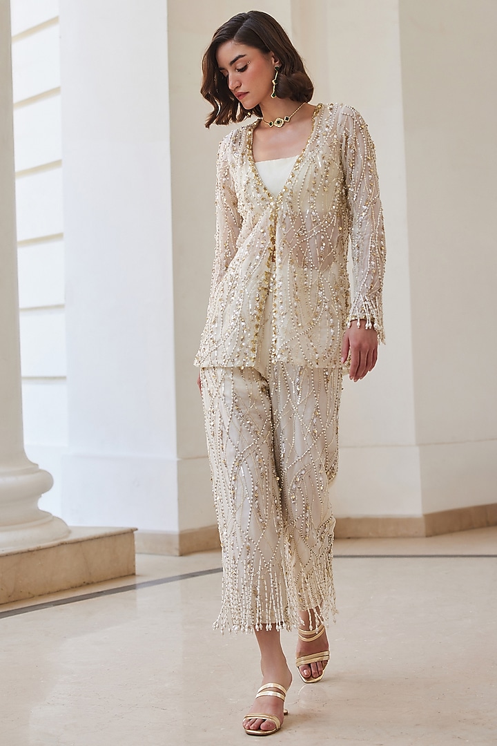 Pearl White Pure Silk Organza Hand Embroidered Jacket Set by Sanya Gulati at Pernia's Pop Up Shop