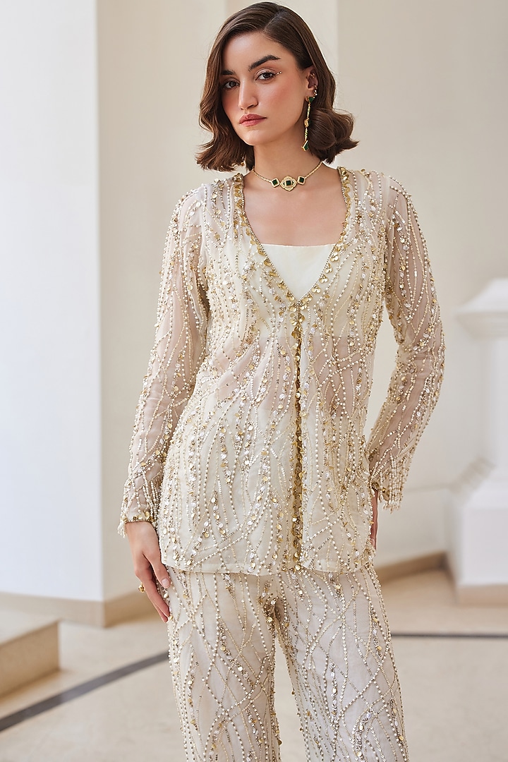 Pearl White Pure Silk Organza Hand Embroidered Jacket Set by Sanya Gulati at Pernia's Pop Up Shop