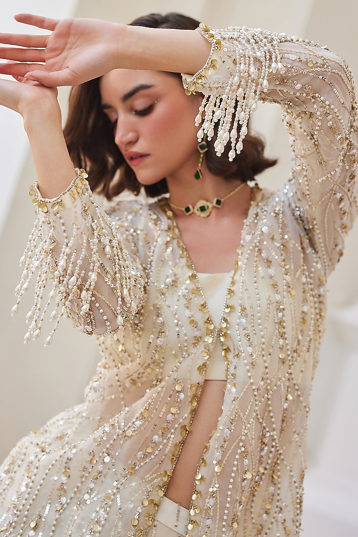 Pearl White Pure Silk Organza Hand Embroidered Jacket Set by Sanya Gulati at Pernia's Pop Up Shop