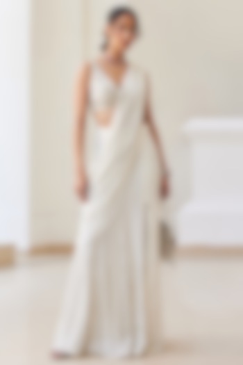 Pearl White Georgette Gota Work Pre-Draped Wedding Saree Set by Sanya Gulati at Pernia's Pop Up Shop