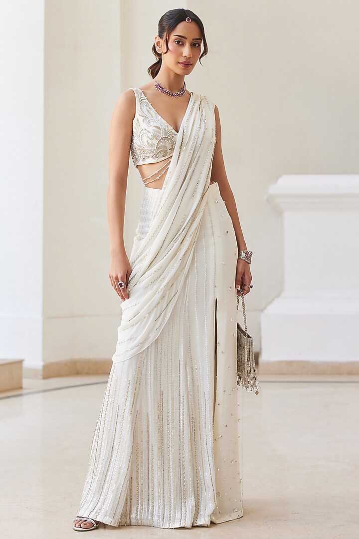 Pearl White Georgette Gota Work Pre-Draped Wedding Saree Set by Sanya Gulati at Pernia's Pop Up Shop