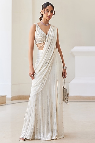 Pearl White Georgette Gota Work Pre-Draped Saree Set by Sanya Gulati