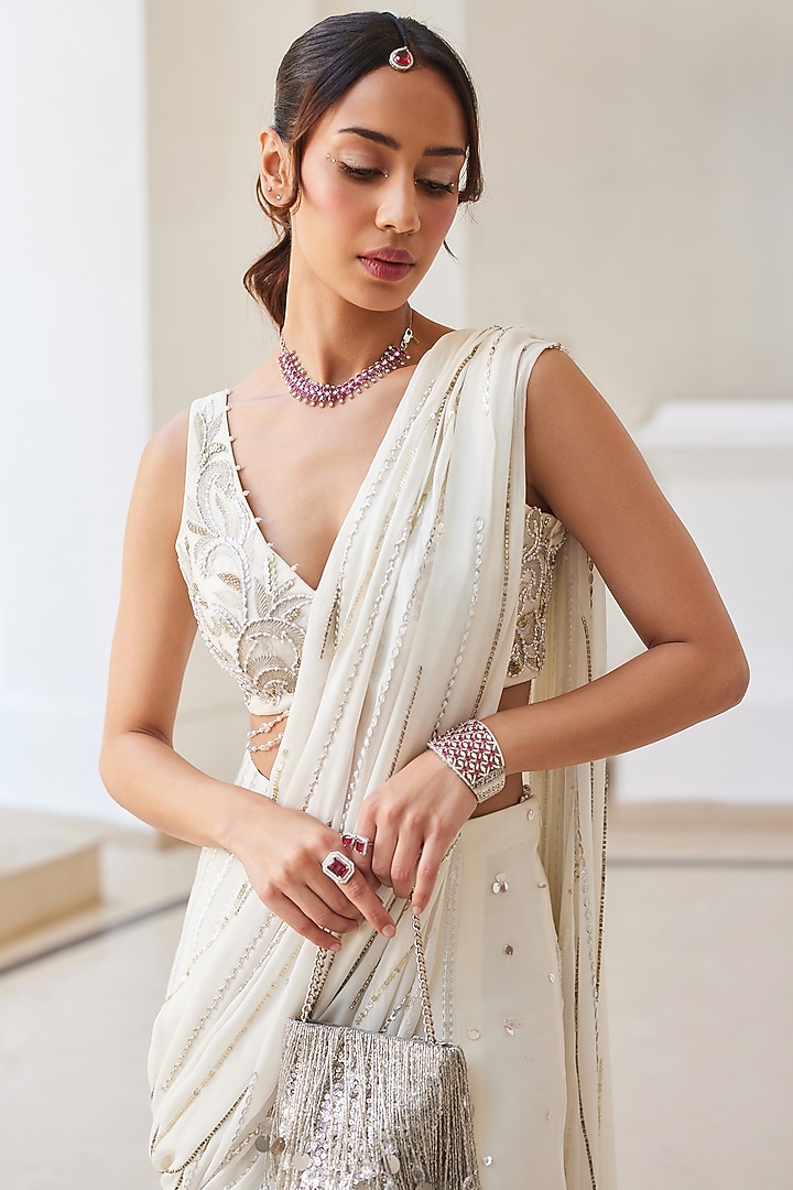 Pearl White Georgette Gota Work Pre-Draped Wedding Saree Set by Sanya Gulati at Pernia's Pop Up Shop
