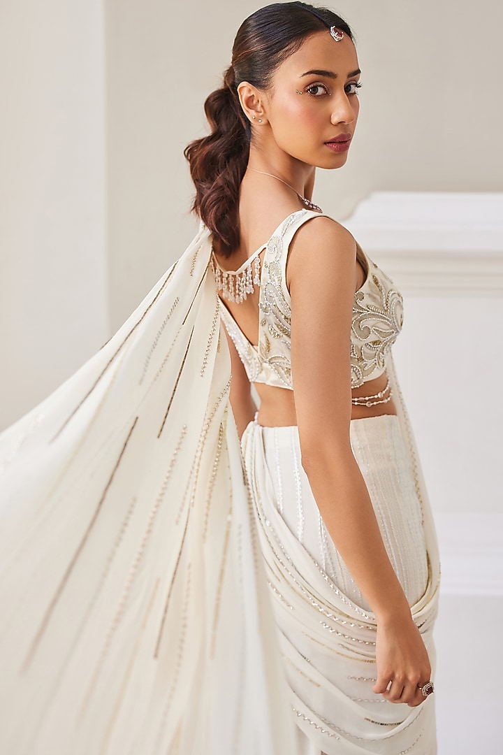 Pearl White Georgette Gota Work Pre-Draped Wedding Saree Set by Sanya Gulati at Pernia's Pop Up Shop