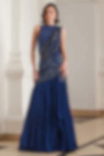 Teal Blue Georgette Hand Embroidered Pre-Draped Reception Saree Set by Sanya Gulati at Pernia's Pop Up Shop