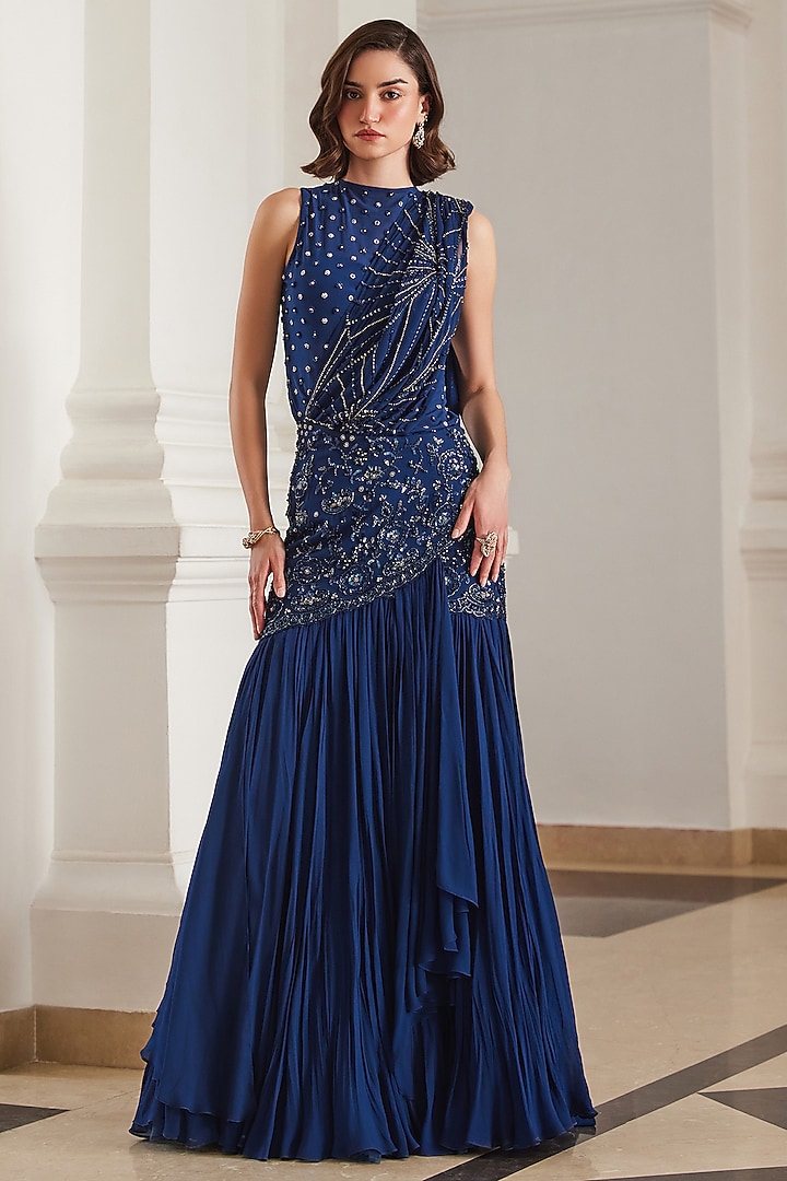 Teal Blue Georgette Hand Embroidered Pre-Draped Reception Saree Set by Sanya Gulati at Pernia's Pop Up Shop