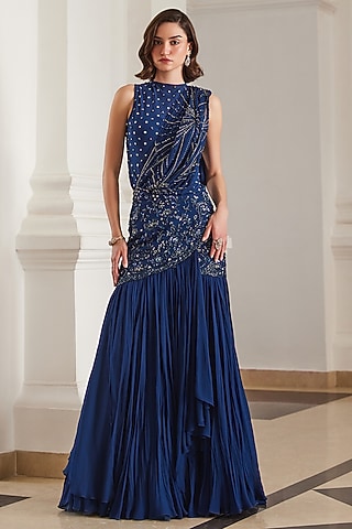 Teal Blue Georgette Hand Embroidered Pre-Draped Saree Set by Sanya Gulati