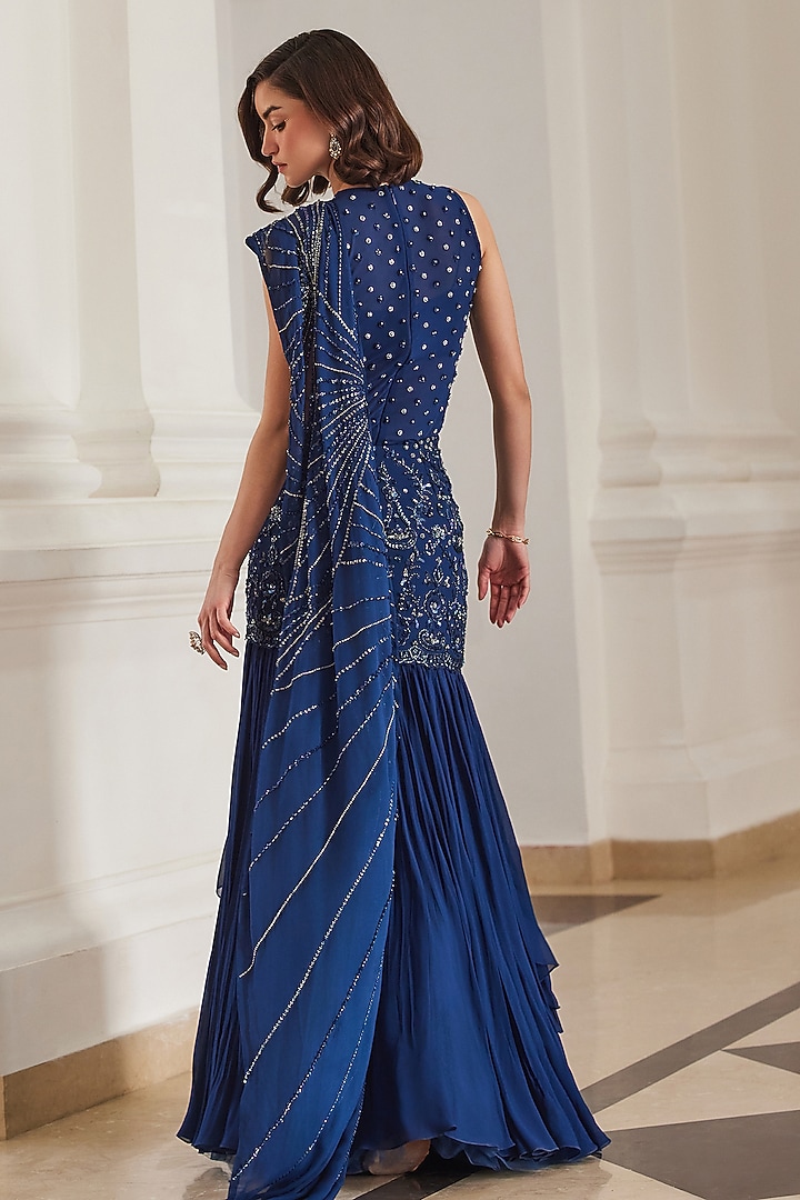 Teal Blue Georgette Hand Embroidered Pre-Draped Reception Saree Set by Sanya Gulati at Pernia's Pop Up Shop