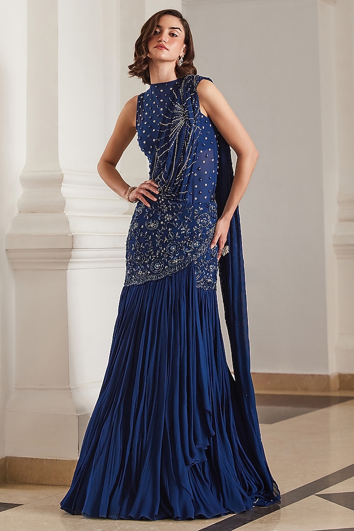 Teal Blue Georgette Hand Embroidered Pre-Draped Reception Saree Set by Sanya Gulati at Pernia's Pop Up Shop