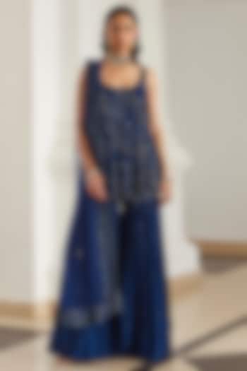 Teal Blue Georgette Hand Embroidered Bridal Sharara Set by Sanya Gulati at Pernia's Pop Up Shop