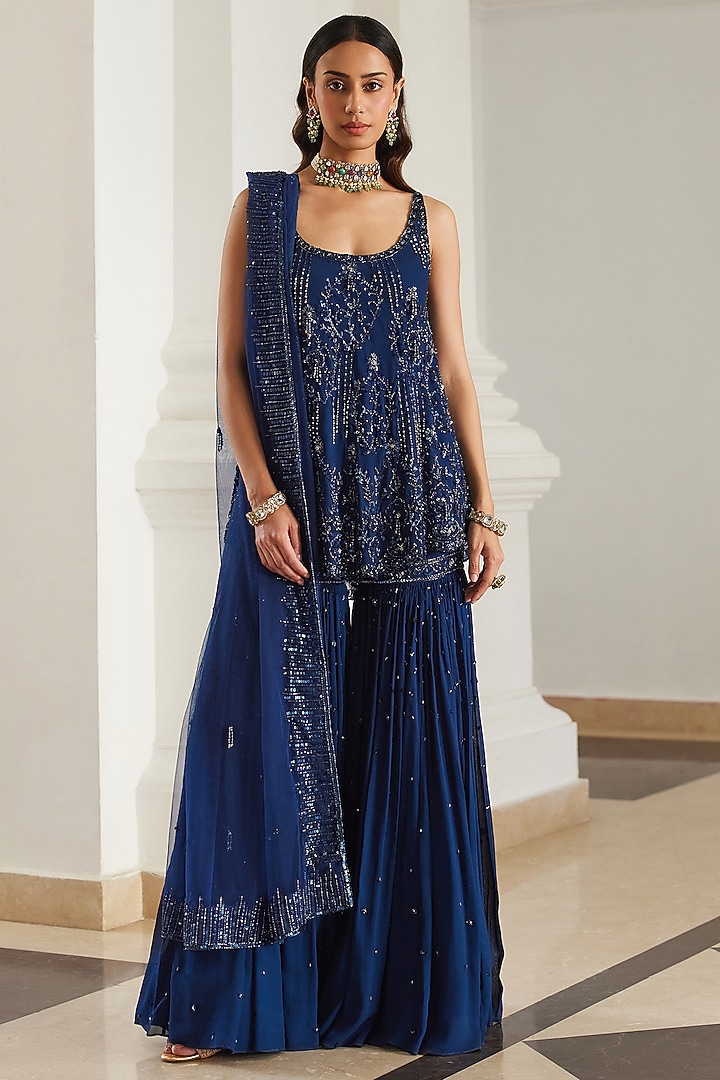 Teal Blue Georgette Hand Embroidered Bridal Sharara Set by Sanya Gulati at Pernia's Pop Up Shop