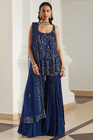 Teal Blue Georgette Hand Embroidered Sharara Set by Sanya Gulati