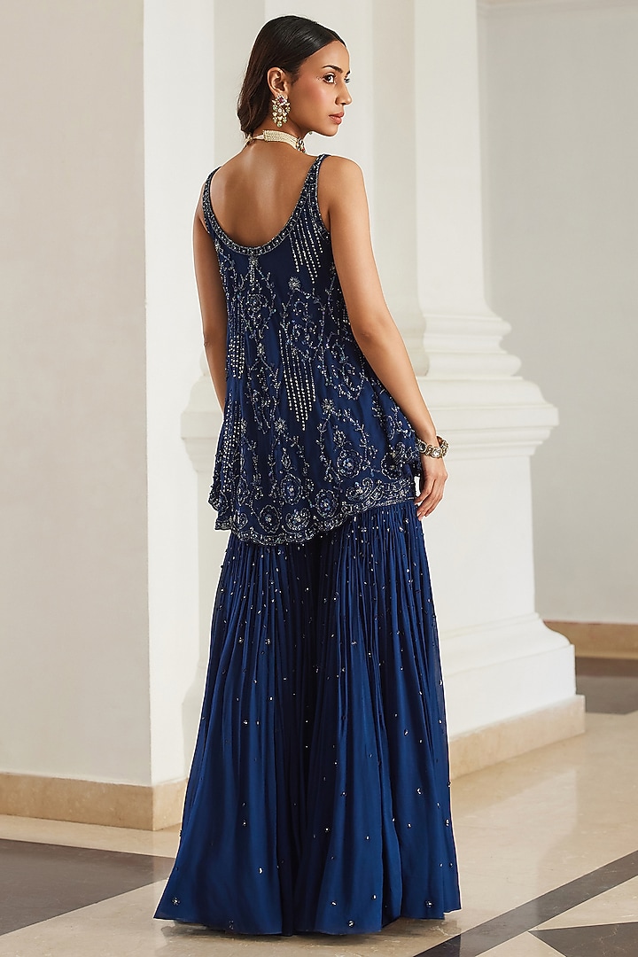 Teal Blue Georgette Hand Embroidered Bridal Sharara Set by Sanya Gulati at Pernia's Pop Up Shop