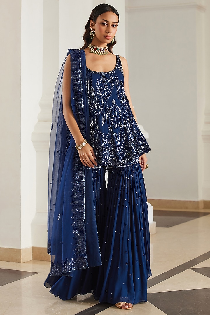 Teal Blue Georgette Hand Embroidered Bridal Sharara Set by Sanya Gulati at Pernia's Pop Up Shop