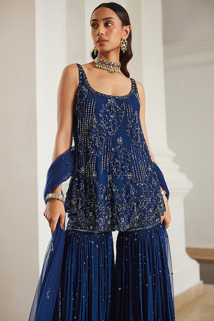 Teal Blue Georgette Hand Embroidered Bridal Sharara Set by Sanya Gulati at Pernia's Pop Up Shop