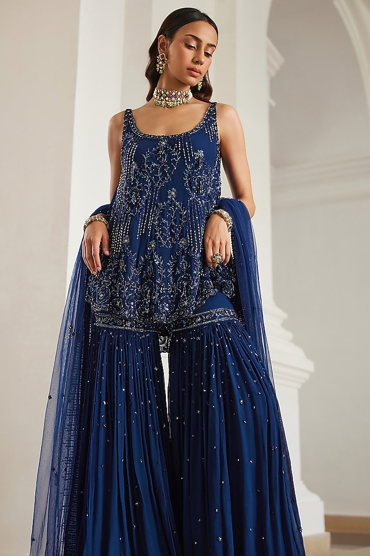 Teal Blue Georgette Hand Embroidered Bridal Sharara Set by Sanya Gulati at Pernia's Pop Up Shop