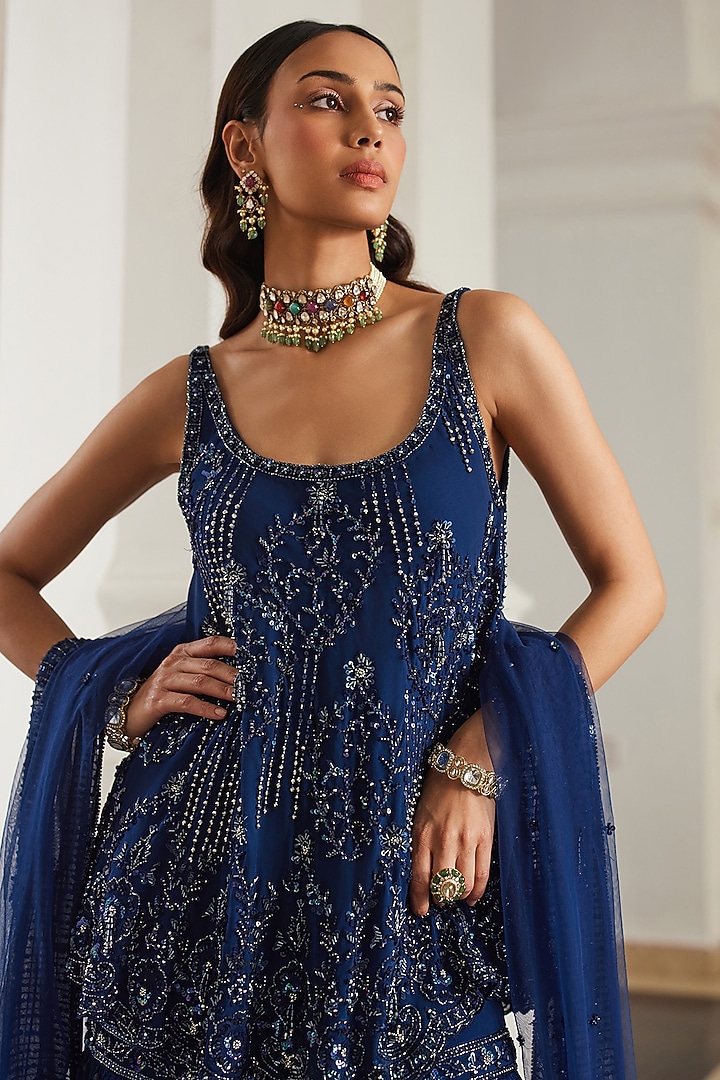 Teal Blue Georgette Hand Embroidered Bridal Sharara Set by Sanya Gulati at Pernia's Pop Up Shop