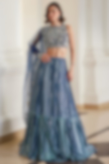 Teal Blue Georgette Hand Embroidered Wedding Lehenga Set by Sanya Gulati at Pernia's Pop Up Shop