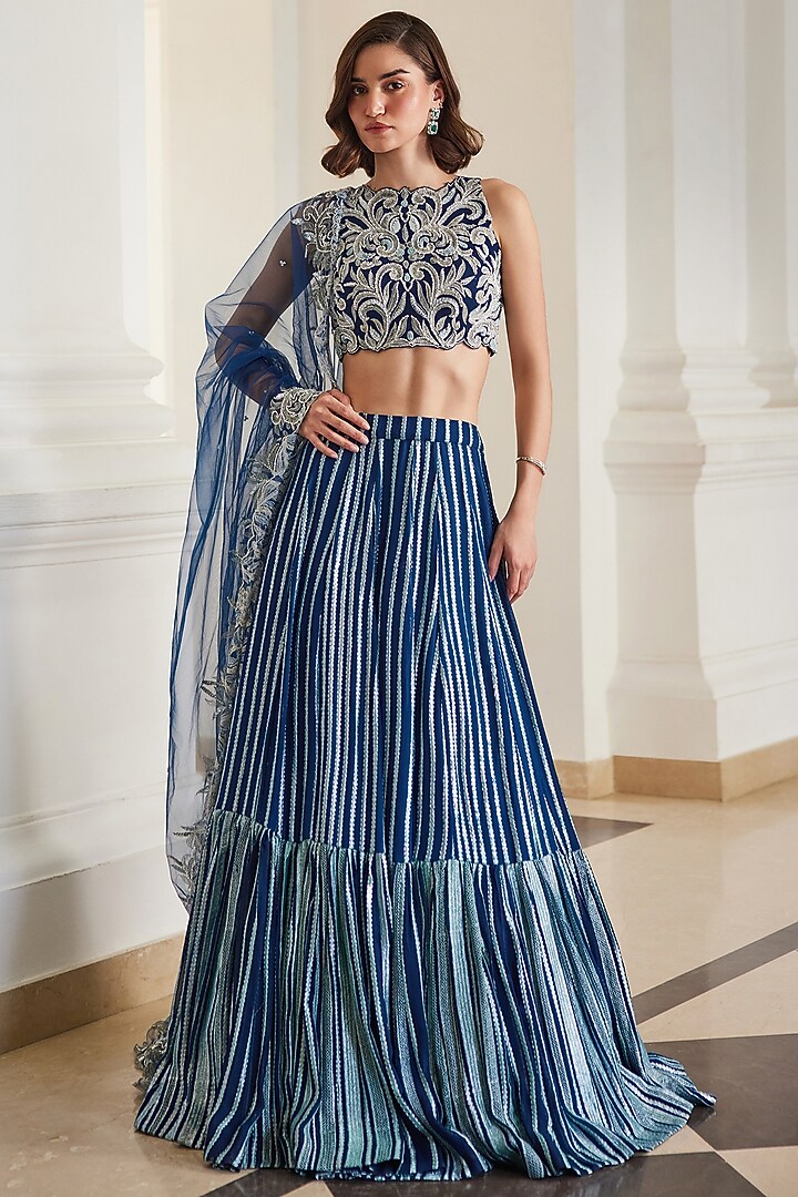 Teal Blue Georgette Hand Embroidered Wedding Lehenga Set by Sanya Gulati at Pernia's Pop Up Shop