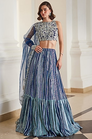 Teal Blue Georgette Hand Embroidered Lehenga Set by Sanya Gulati