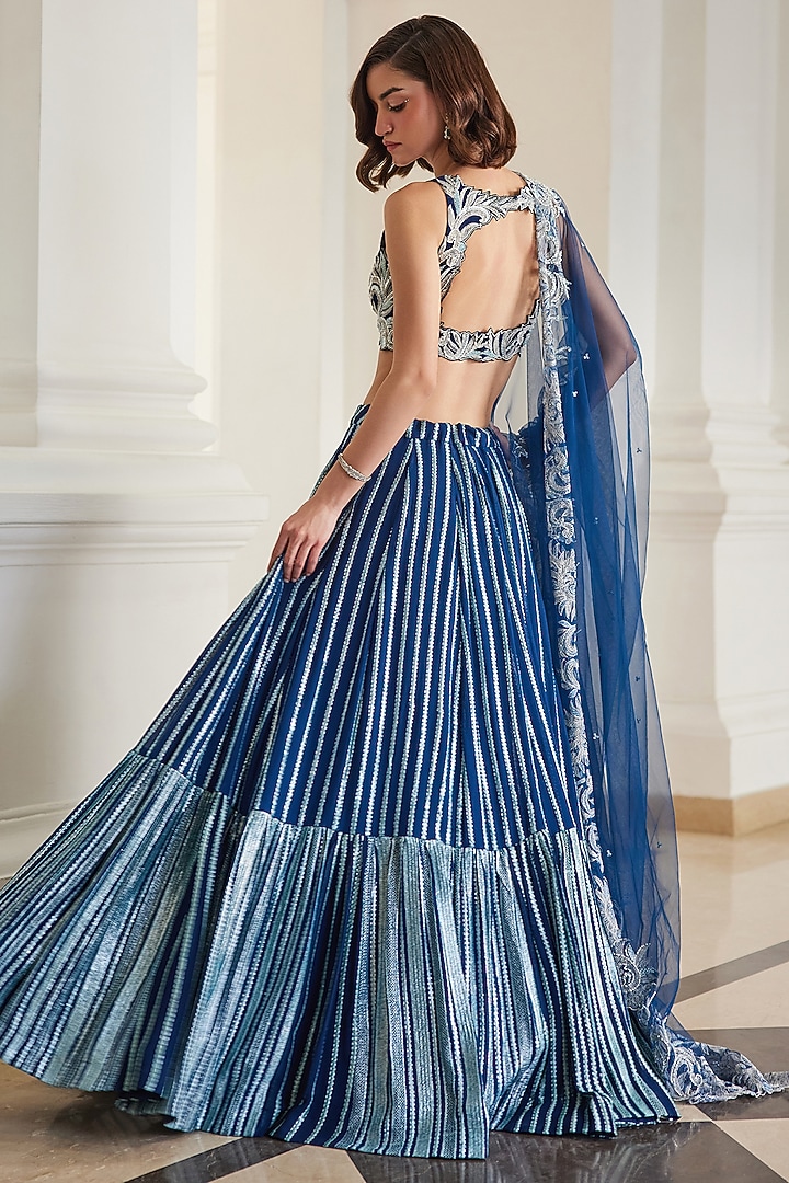 Teal Blue Georgette Hand Embroidered Wedding Lehenga Set by Sanya Gulati at Pernia's Pop Up Shop