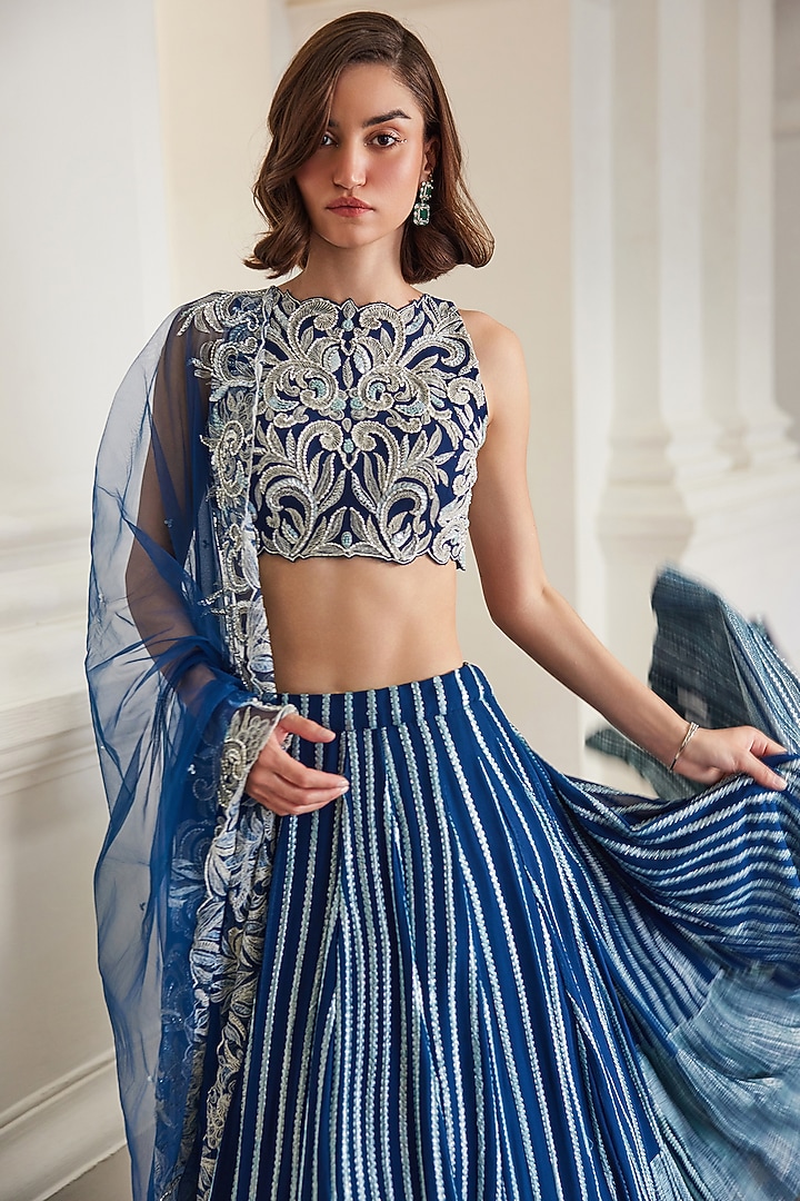 Teal Blue Georgette Hand Embroidered Wedding Lehenga Set by Sanya Gulati at Pernia's Pop Up Shop