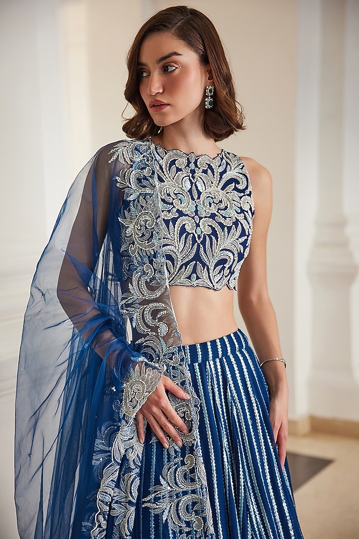 Teal Blue Georgette Hand Embroidered Wedding Lehenga Set by Sanya Gulati at Pernia's Pop Up Shop